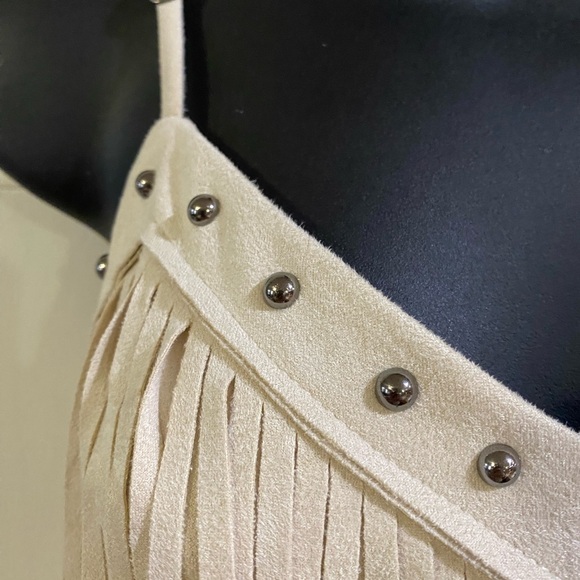 Vocal Triple Tier Fringe Adjustable Strap Faux Suede Camisole Studded Neckline - Picture 6 of 12